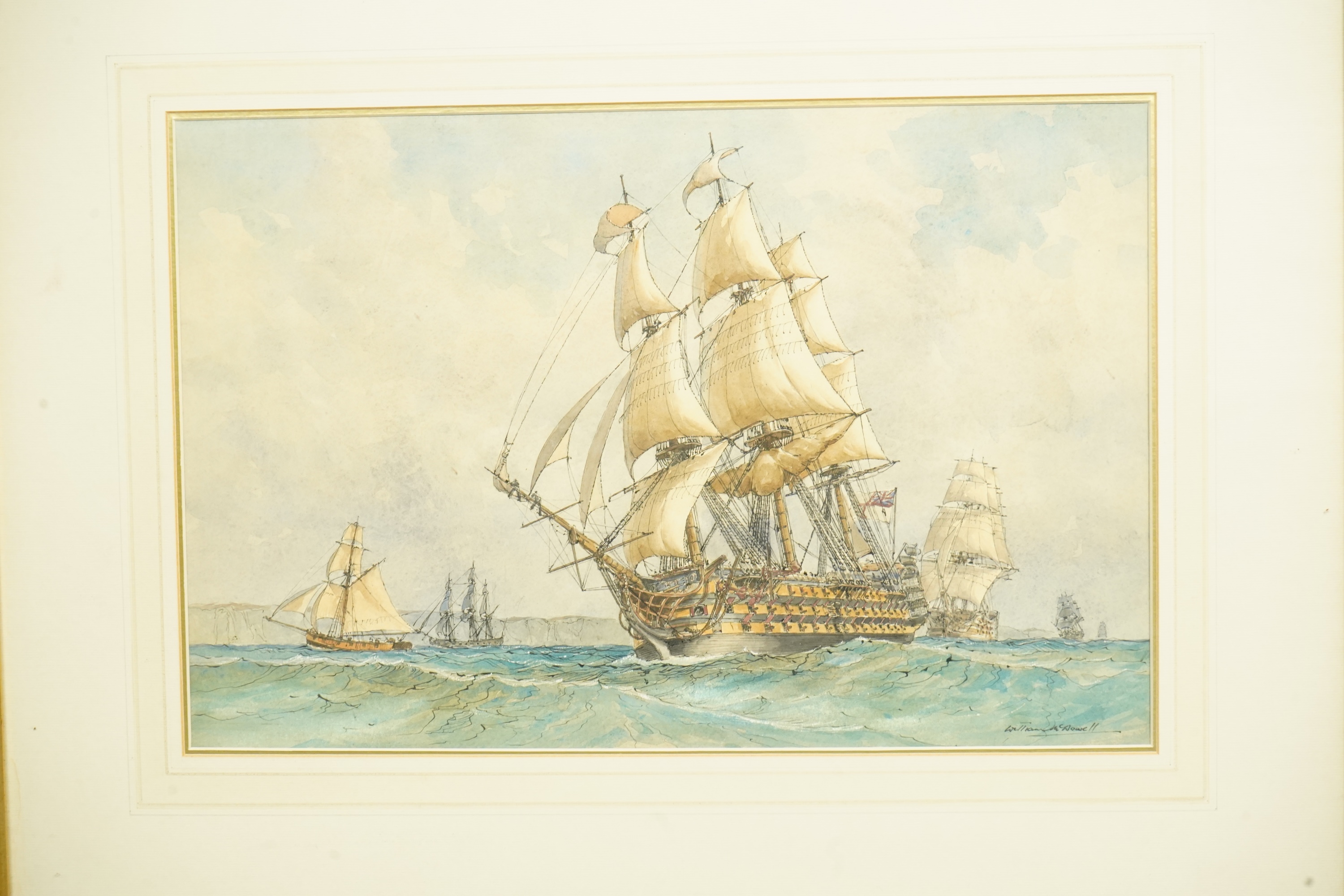 William McDowell (1888-1950), 18th century warships off the coast, ink and watercolour, 33 x 50cm